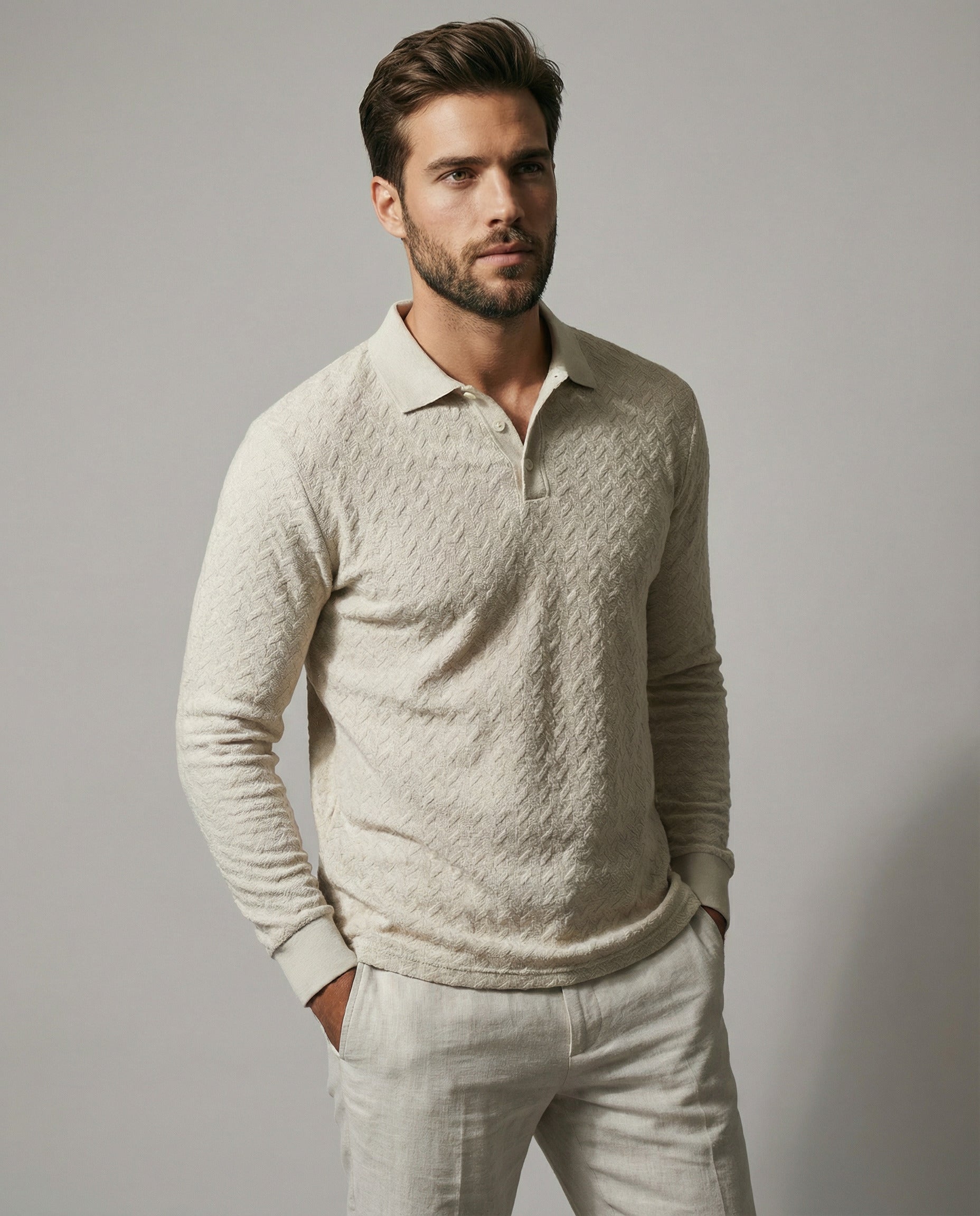 The Textured Knit Long Sleeve Polo | Smart-Casual Beige