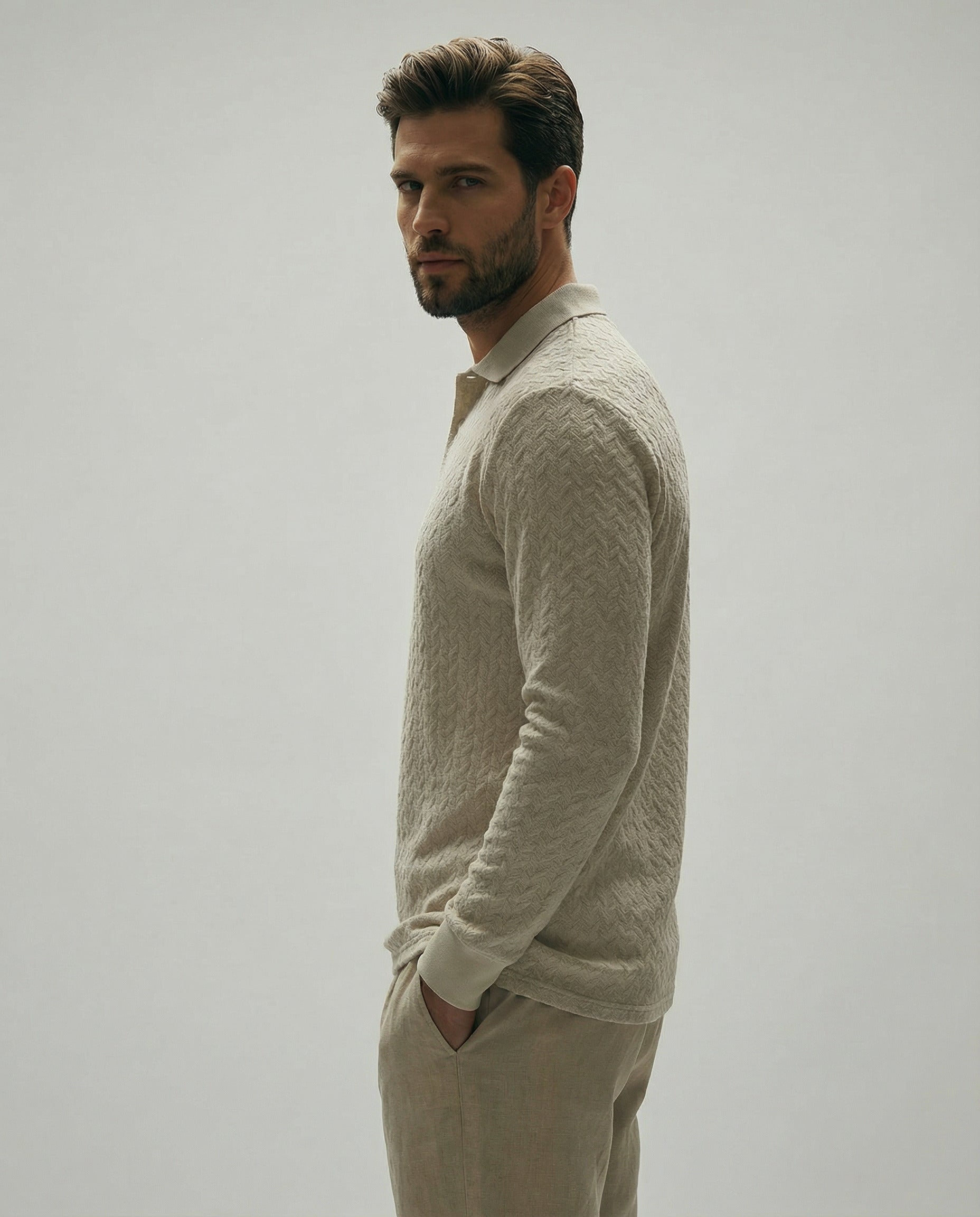 The Textured Knit Long Sleeve Polo | Smart-Casual Beige